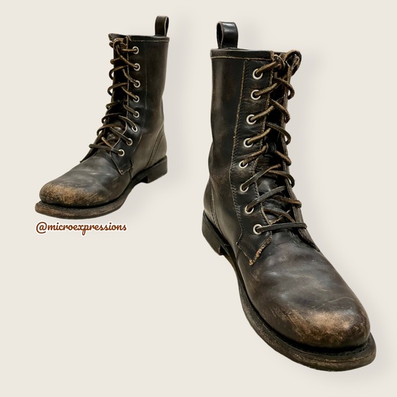 Frye Veronica Combat Distress Black Brown Tumbled Leather Laced Combat AnkleBoot - Picture 16 of 16